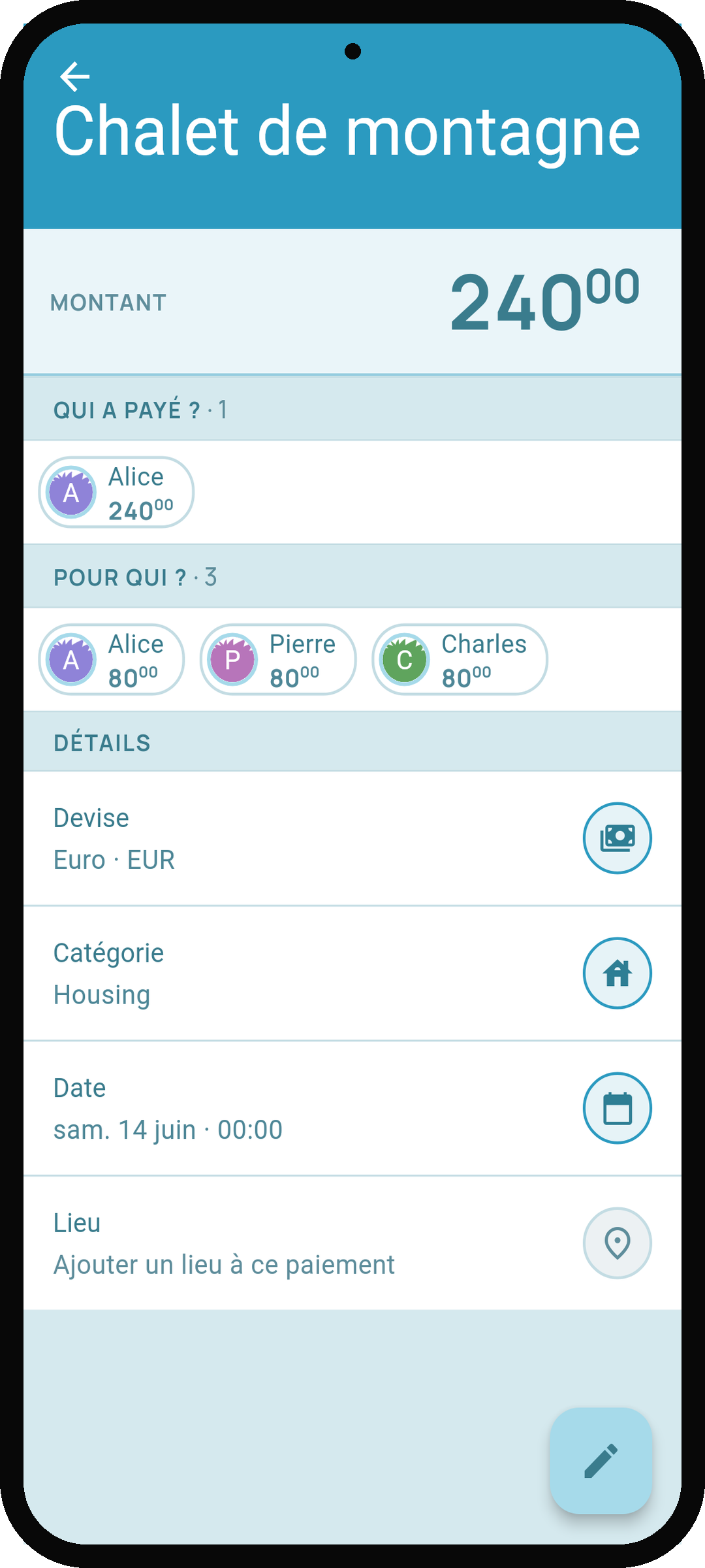 Écran de détail de paiement de Debtster